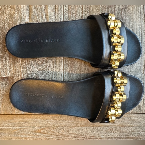 Veronica Beard Eni Flat Sandal in Black with Gold Hardware - Picture 1 of 14
